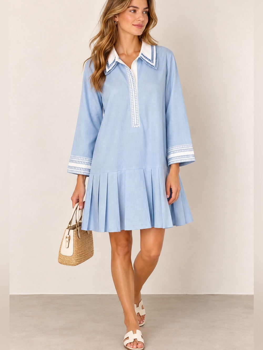 Tuckernuck XXL Light Blue Linen Cotton Pleated Drop Waist Shirt Tate Dress